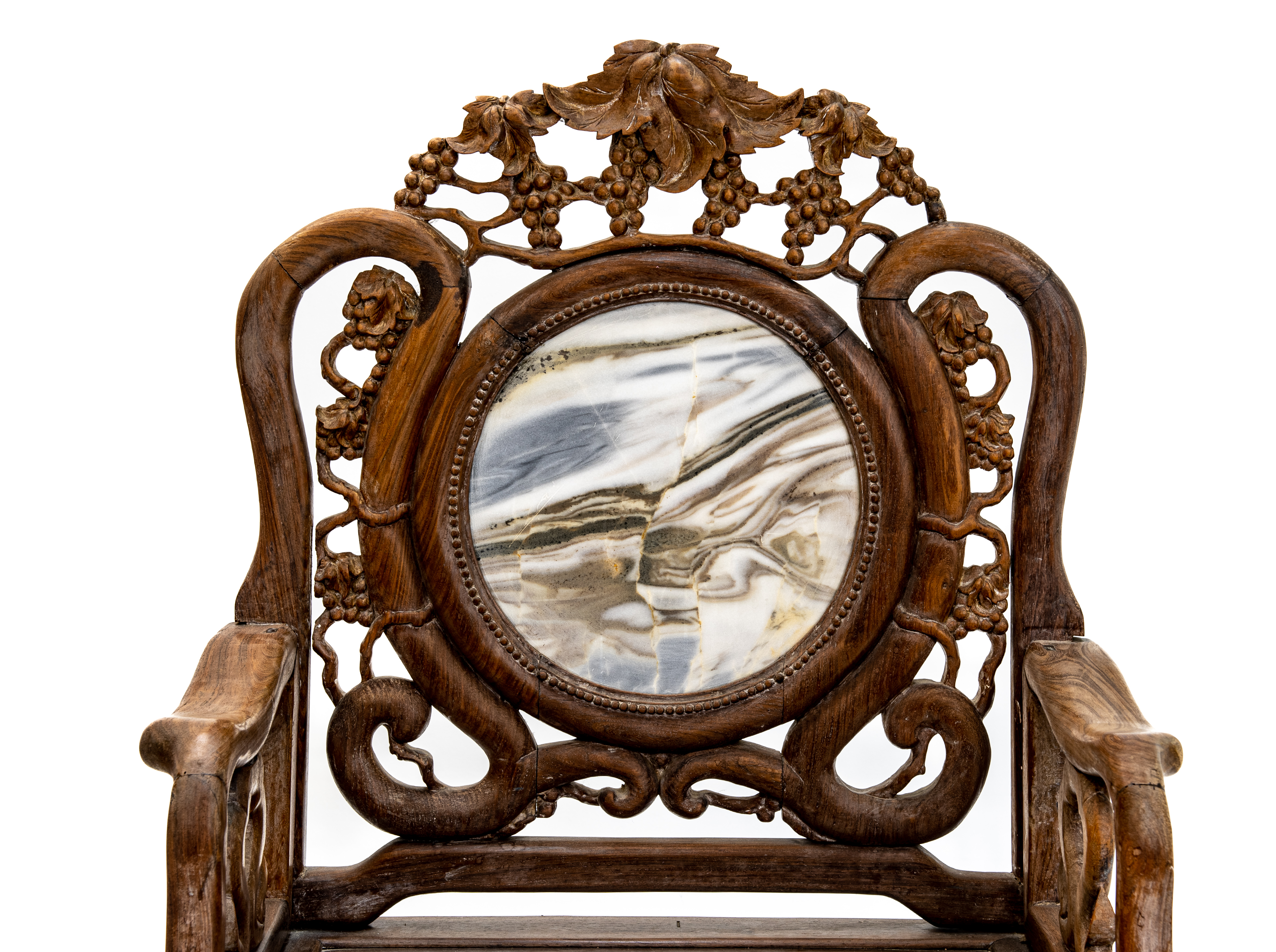 *A PAIR OF MARBLE INSET CARVED HARDWOOD ARMCHAIRS AND TABLE - Image 3 of 4