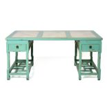 A TURQUOISE PAINTED CHINESE STYLE TWIN PEDESTAL DESK