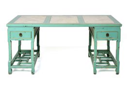 A TURQUOISE PAINTED CHINESE STYLE TWIN PEDESTAL DESK