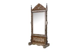 A LARGE MOTHER OF PEARL INLAID HARDWOOD CHEVAL MIRROR