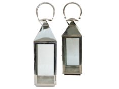 A PAIR OF CHROME FINISHED METAL AND GLASS LANTERNS