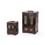 TWO SIMILAR BRASS MOUNTED & HARDSTONE INLAID JEWELLERY BOXES