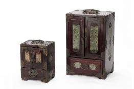TWO SIMILAR BRASS MOUNTED & HARDSTONE INLAID JEWELLERY BOXES
