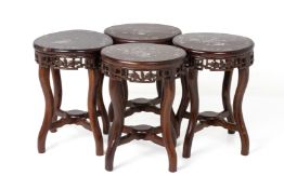 A SET OF FOUR MOTHER OF PEARL INLAID ROSEWOOD STOOLS