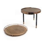 A WOOD & COPPER FINISH TRAY AND SIDE TABLE