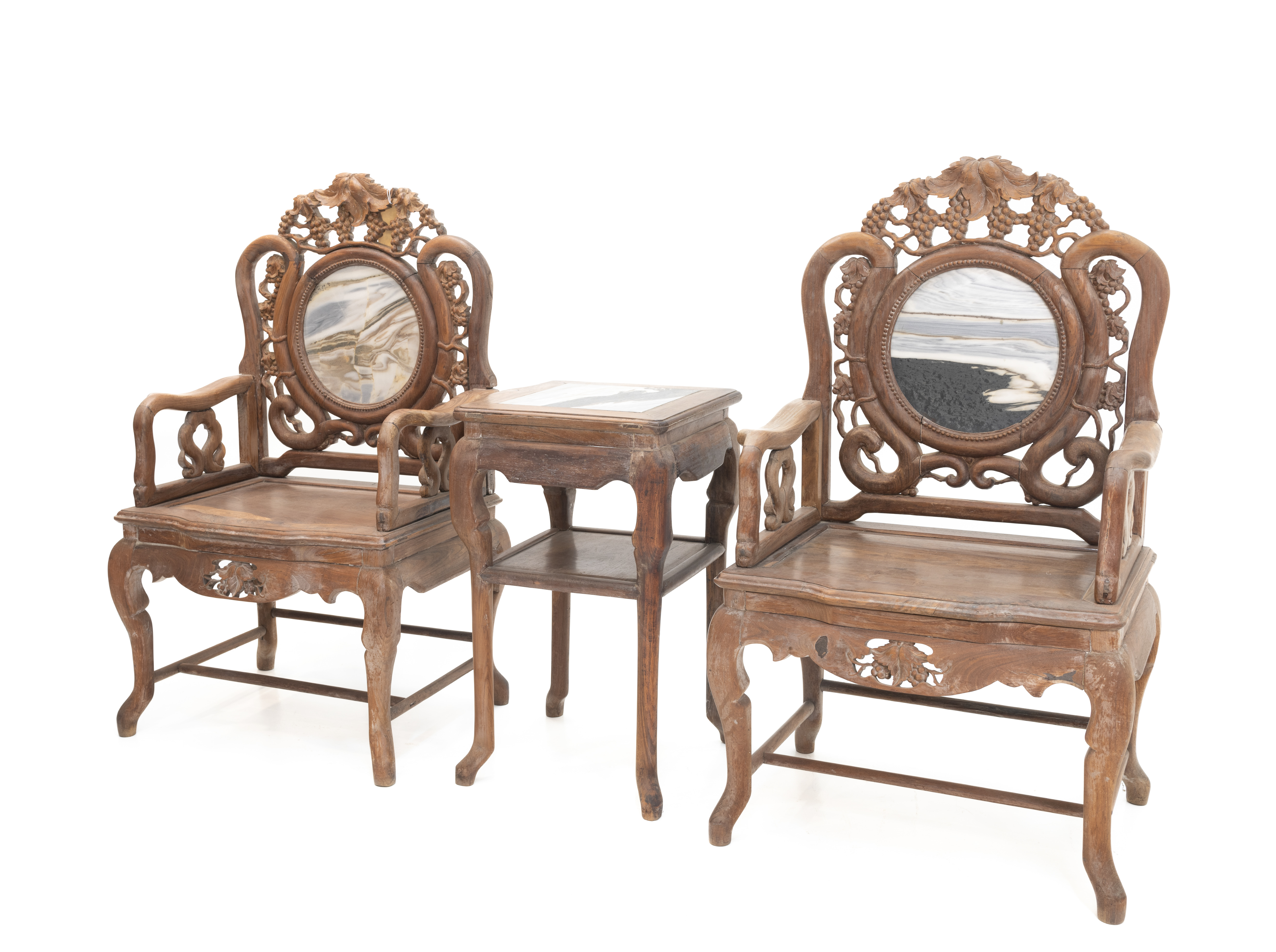 *A PAIR OF MARBLE INSET CARVED HARDWOOD ARMCHAIRS AND TABLE - Image 2 of 4