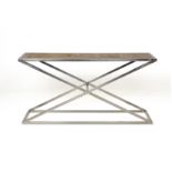 A CHROME FINISH X-FRAME CONSOLE TABLE