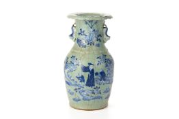 A BLUE AND WHITE CELADON TWIN HANDLED VASE