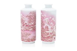 A PAIR OF SMALL PINK ENAMELLED WINTER LANDSCAPE VASES