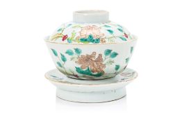 A FAMILLE ROSE PORCELAIN BOWL, COVER AND STAND