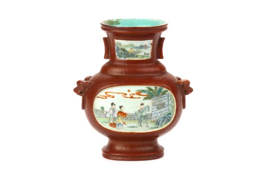 A BROWN AND TURQUOISE GLAZED FAMILLE ROSE VASE - Image 1 of 11