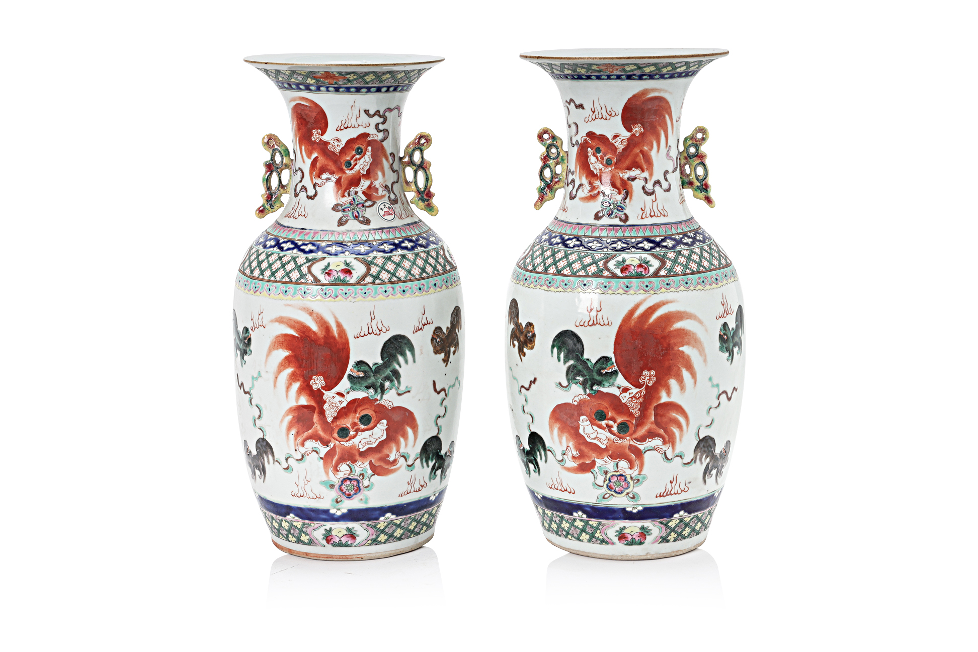 A PAIR OF FAMILLE ROSE TWIN HANDLED BALUSTER VASES
