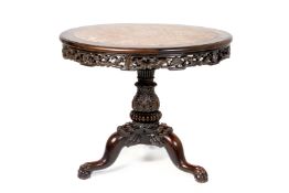 A CHINESE EXPORT MARBLE INSET CARVED BLACKWOOD CENTRE TABLE