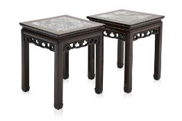 A PAIR OF SQUARE CARVED BLACKWOOD SIDE TABLES