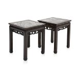 A PAIR OF SQUARE CARVED BLACKWOOD SIDE TABLES