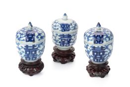 THREE MINIATURE BLUE AND WHITE DOUBLE HAPPINESS POTS