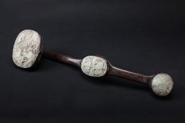 A JADE INSET CARVED WOOD RUYI SCEPTRE