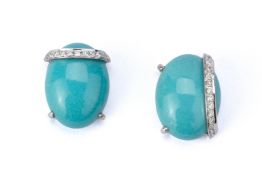 A PAIR OF TURQUOISE AND DIAMOND STUD EARRINGS