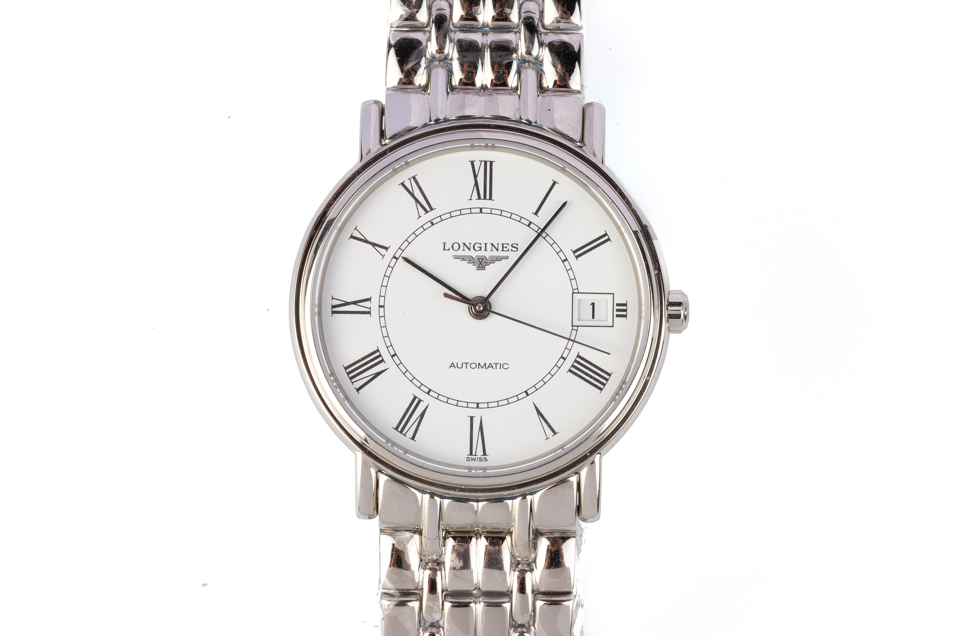 A LONGINES PRESENCE STAINLESS STEEL AUTOMATIC BRACELET WATCH