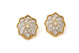 A PAIR OF TWO COLOUR GOLD AND DIAMOND CLIP EARRINGS