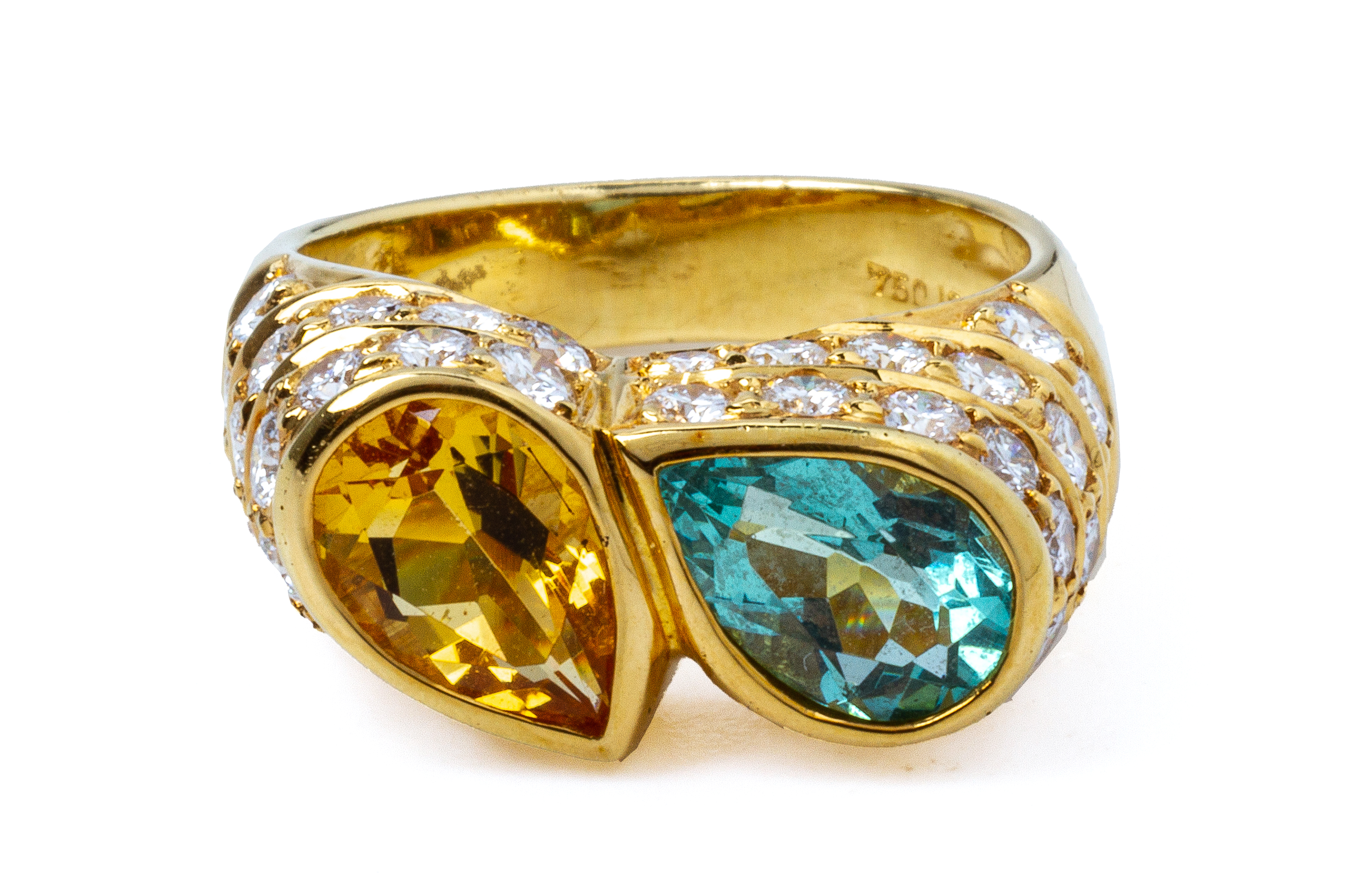 A CITRINE, DIAMOND AND BLUE STONE 'TOI ET MOI' RING