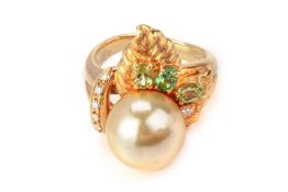 A GOLDEN CULTURED PEARL, MULTI-GEM AND DIAMOND RING