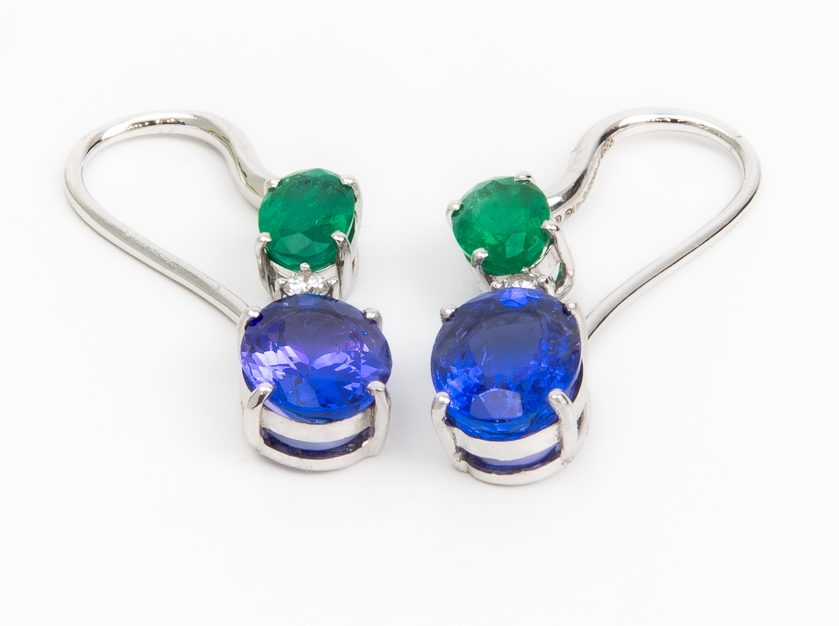 A PAIR OF TANZANITE, EMERALD AND DIAMOND DROP EARRINGS - Image 2 of 3