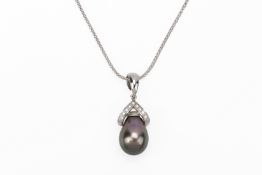 A DROP SHAPED TAHITIAN CULTURED PEARL PENDANT WITH CHAIN