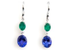 A PAIR OF TANZANITE, EMERALD AND DIAMOND DROP EARRINGS