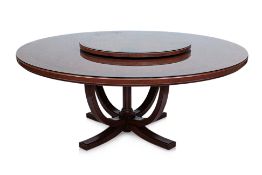 A LARGE CIRCULAR BURL WOOD AND CROSSBANDED DINING TABLE