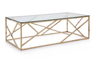 A COPPER FINISH METAL AND GLASS COFFEE TABLE