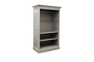 A LARGE GREY PAINTED OPEN CABINET