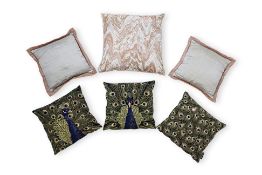 A GROUP OF SIX PEACOCK AND OTHER THROW CUSHIONS