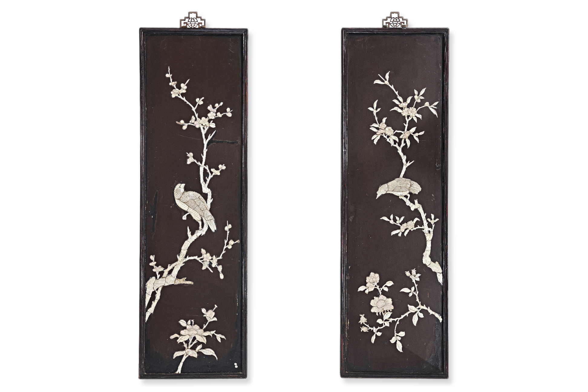 A PAIR OF MOTHER OF PEARL INLAID LACQUER PANELS