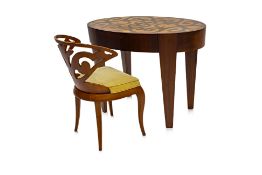 A MARQUETRY INLAID WRITING TABLE AND CHAIR