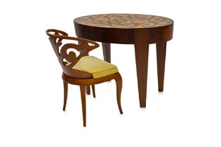 A MARQUETRY INLAID WRITING TABLE AND CHAIR