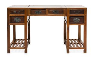 A CHINESE ELM TWIN PEDESTAL DESK