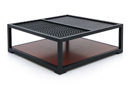 A SQUARE BLACK PAINTED AND RED LACQUER COFFEE TABLE