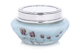 A DAUM CAMEO GLASS DRESSING TABLE POT WITH SILVER COVER