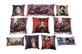 A GROUP OF NINE ORIENTAL LADIES THEMED PRINTED THROWCUSHIONS