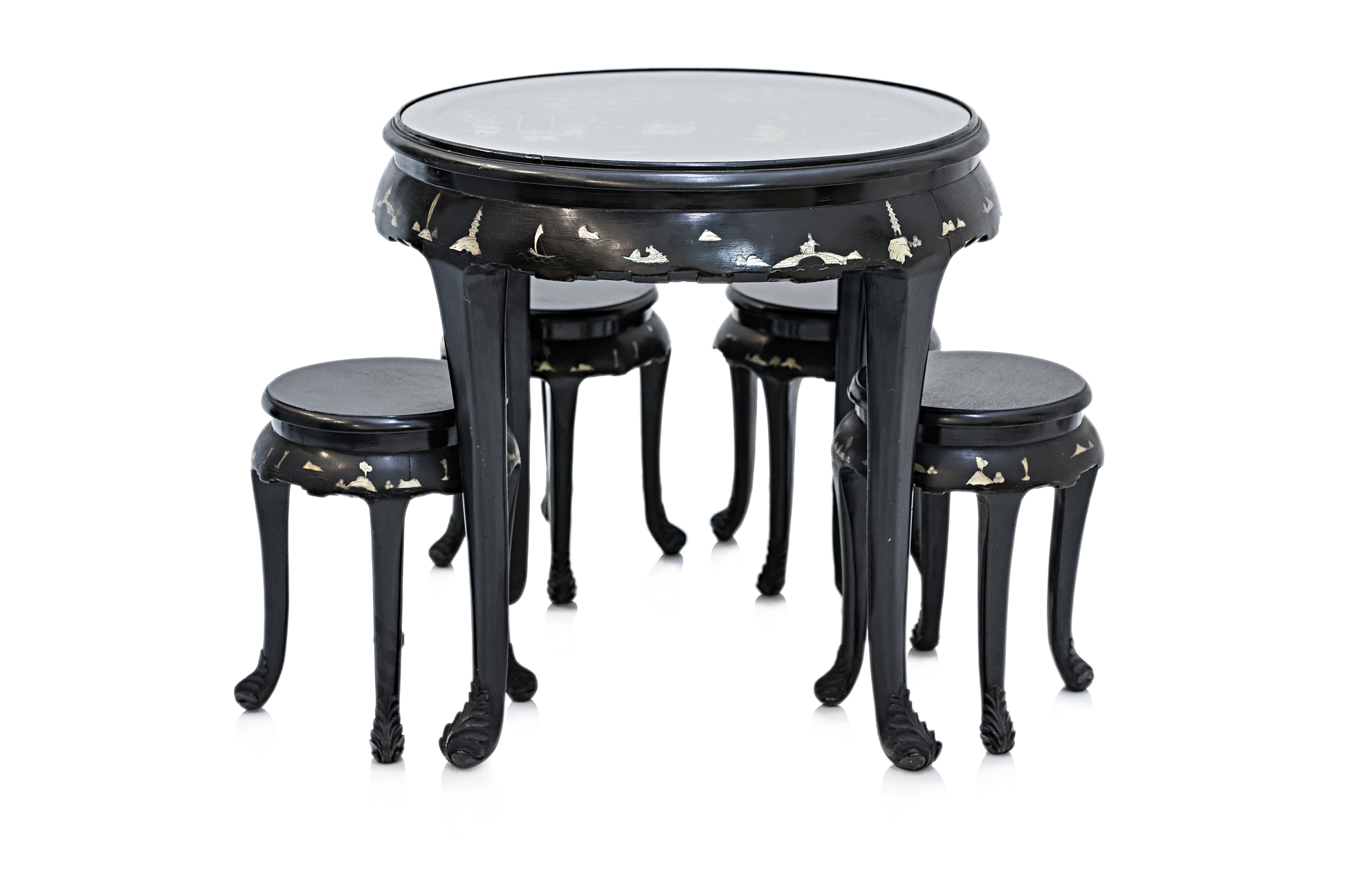 A MOTHER OF PEARL INLAID CIRCULAR TABLE AND FOUR STOOLS