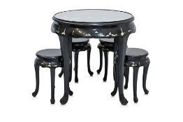 A MOTHER OF PEARL INLAID CIRCULAR TABLE AND FOUR STOOLS