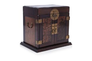 A CHINESE BURL INSET SEAL CHEST FORM TABLE CABINET