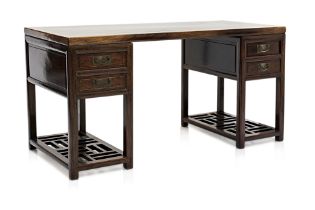 A CHINESE HARDWOOD TWIN PEDESTAL DESK