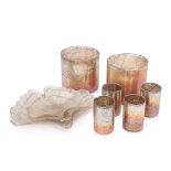 A GROUP OF SIX GLASS CANDLE VOTIVES & THREE FOLIATE PLATTERS