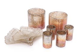 A GROUP OF SIX GLASS CANDLE VOTIVES & THREE FOLIATE PLATTERS