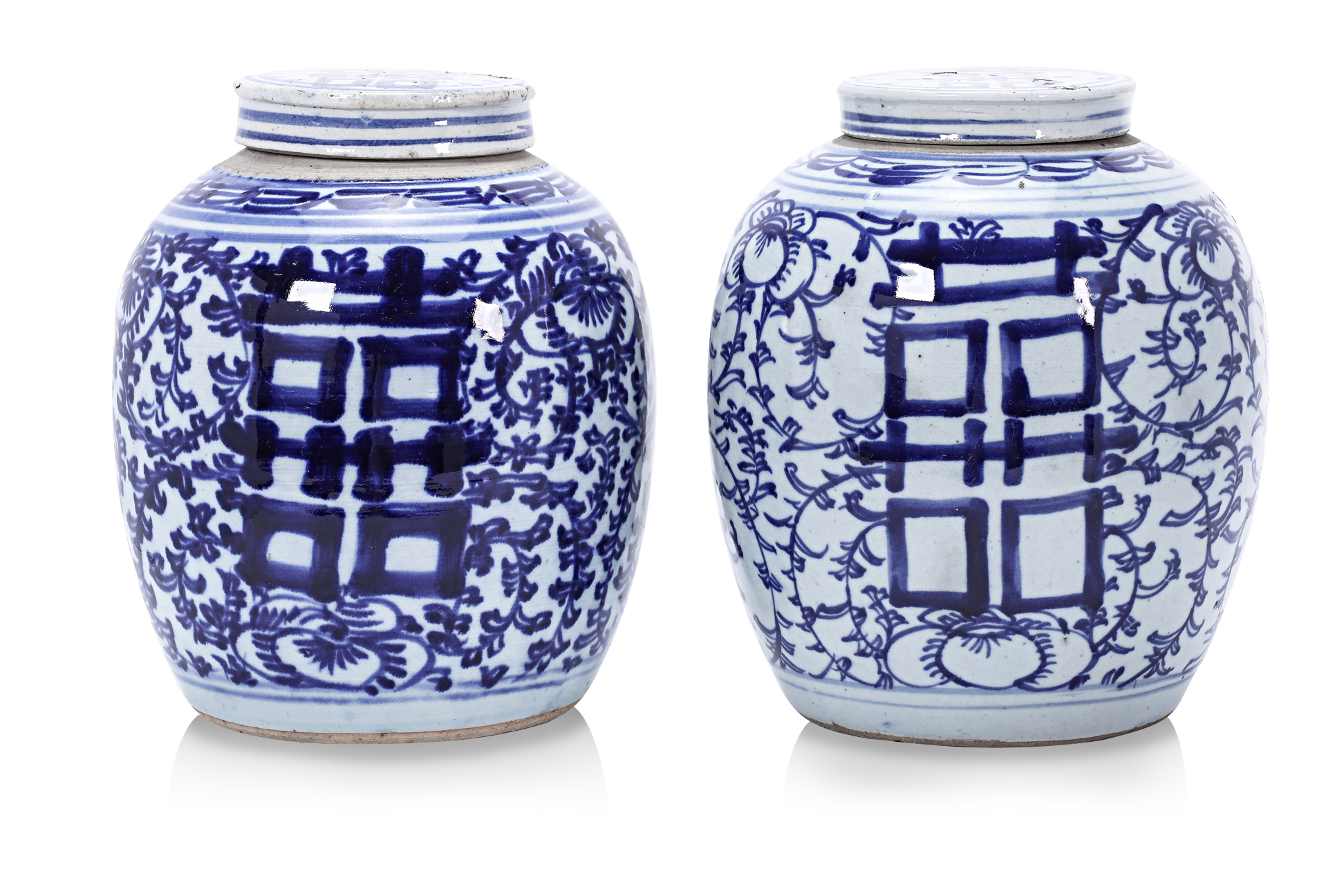 TWO BLUE AND WHITE PORCELAIN DOUBLE HAPPINESS GINGER JARS