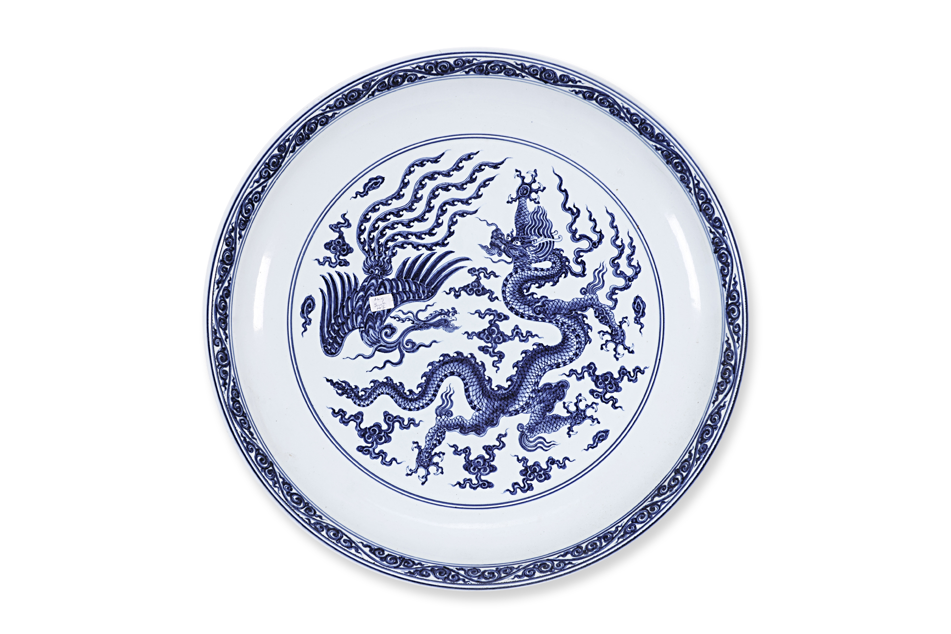 A VERY LARGE BLUE AND WHITE DRAGON AND PHOENIX DISH