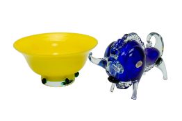 A MURANO GLASS BOWL AND A GLASS MODEL OF A BULL