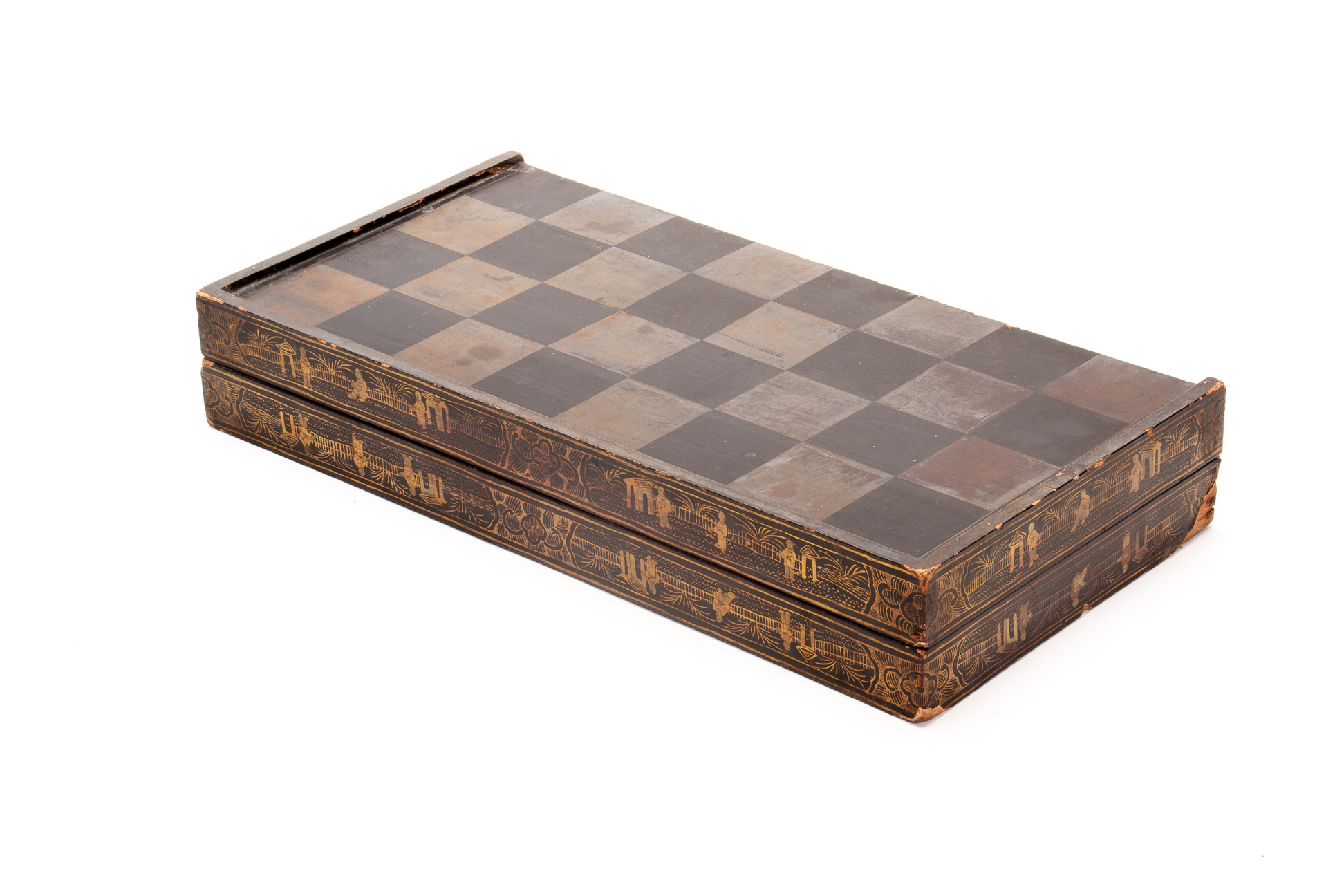 A CHINESE EXPORT BLACK LACQUER CHESS AND BACKGAMMON BOARD